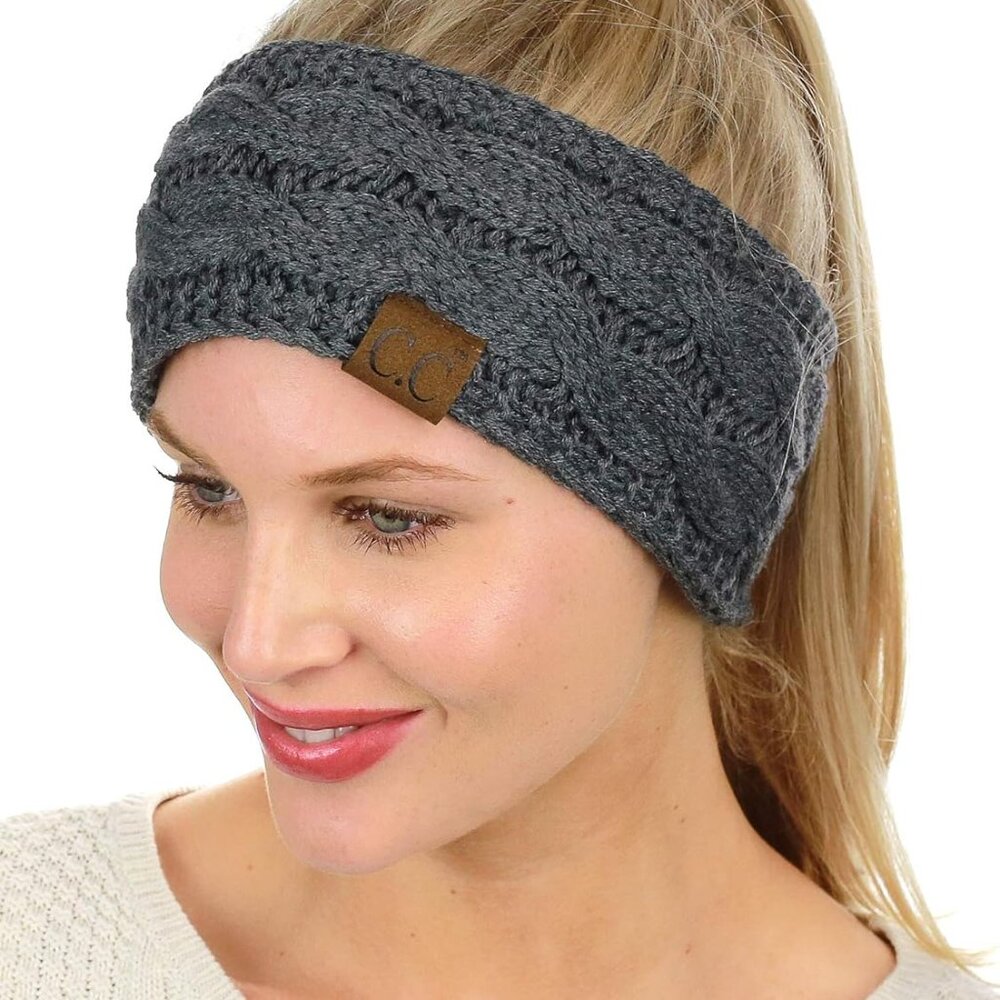 Soft Stretch Winter Warm Cable Knit Fuzzy Lined Ear Warmer Headband, Dark Melang